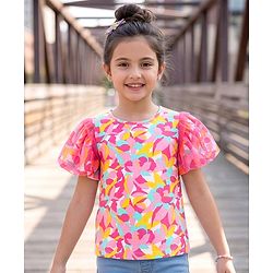 Pine Kids Cotton Knit Half Puffed Sleeves Printed Top - Pink