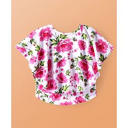 Pine Kids Cotton Knit Half Sleeves Top with Floral Print - Pink & White