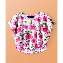 Pine Kids Cotton Knit Half Sleeves Top with Floral Print - Pink & White