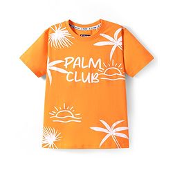 Pine Kids Cotton Knit Half Sleeves T-Shirt With Palm Club Text Print - Orange
