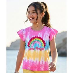 Pine Kids Cotton Knit Half Flutter Sleeves T-Shirt With Shine Bright Text Print - Pink Blue & Yellow