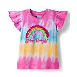 Pine Kids Cotton Knit Half Flutter Sleeves T-Shirt With Shine Bright Text Print - Pink Blue & Yellow