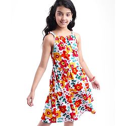 Pine Kids Cotton Knit Singlet Sleeves Frock with Floral Print - White