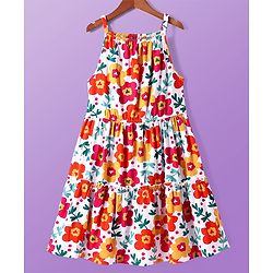 Pine Kids Cotton Knit Singlet Sleeves Frock with Floral Print - White