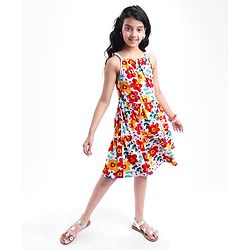 Pine Kids Cotton Knit Singlet Sleeves Frock with Floral Print - White