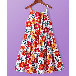 Pine Kids Cotton Knit Singlet Sleeves Frock with Floral Print - White