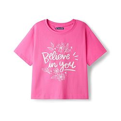 Pine Kids Cotton Knit Half Sleeves Drop Shoulder T-Shirt With Believe In You Text Print - Pink
