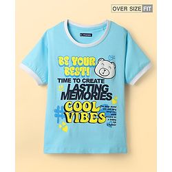 Pine Kids Cotton Knit Half Sleeves T-Shirt with Text Print - Turquoise