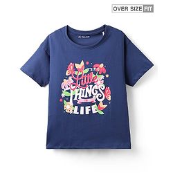 Pine Kids Cotton Knit Half Sleeves T-Shirt with Text Print - Navy Blue