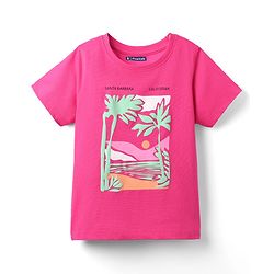 Pine Kids Cotton Knit Half Sleeves T-Shirt with Beach Theme Print - Pink