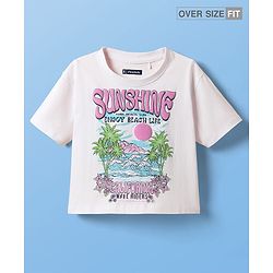 Pine Kids Cotton Knit Half Sleeves Oversized Shoulder Drop T-Shirt With Sunshine Text Print - White