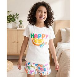 Pine Kids Single Jersey Knit Half Sleeves Shorts Night Suit with Happy Mood Text Print - White
