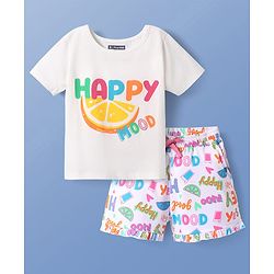Pine Kids Single Jersey Knit Half Sleeves Shorts Night Suit with Happy Mood Text Print - White