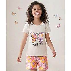 Pine Kids Single Jersey Knit Half Sleeves Shorts Night Suit With Butterfly & Floral Print - White & Purple