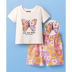 Pine Kids Single Jersey Knit Half Sleeves Shorts Night Suit With Butterfly & Floral Print - White & Purple