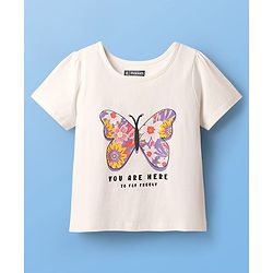 Pine Kids Single Jersey Knit Half Sleeves Shorts Night Suit With Butterfly & Floral Print - White & Purple