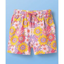 Pine Kids Single Jersey Knit Half Sleeves Shorts Night Suit With Butterfly & Floral Print - White & Purple