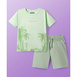 Pine Kids Single Jersey Knit Half Sleeves Shorts Night Suit with Coconut Tree Print - Light Green