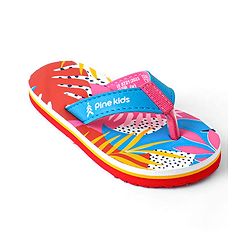 Pine Kids Slip On Flip Flops with Tropical Print - Pink & Red