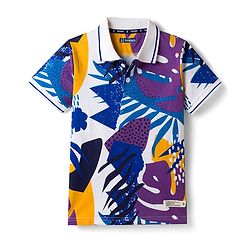 Pine Kids Cotton Knit Half Sleeves Polo T-Shirt with Tropical Print - Purple & White