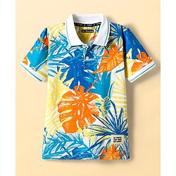 Pine Kids Cotton Knit Half Sleeves Polo T-Shirt with Leaves Print - White