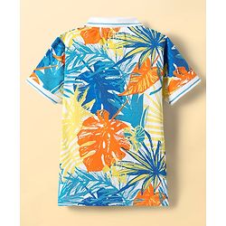 Pine Kids Cotton Knit Half Sleeves Polo T-Shirt with Leaves Print - White