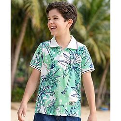 Pine Kids Cotton Knit Half Sleeves Polo T-Shirt With Tropical Print - Light Green & White