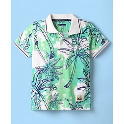 Pine Kids Cotton Knit Half Sleeves Polo T-Shirt With Tropical Print - Light Green & White
