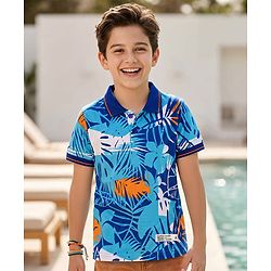 Pine Kids Cotton Knit Polo T-Shirt With Tropical Print - Blue