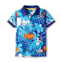Pine Kids Cotton Knit Polo T-Shirt With Tropical Print - Blue