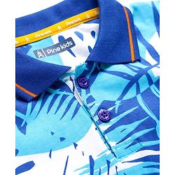 Pine Kids Cotton Knit Polo T-Shirt With Tropical Print - Blue