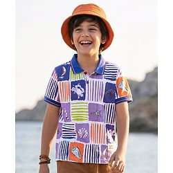 Pine Kids Cotton Knit Half Sleeves Polo T-Shirt With Sea Life Print - White & Blue