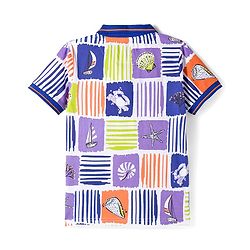 Pine Kids Cotton Knit Half Sleeves Polo T-Shirt With Sea Life Print - White & Blue