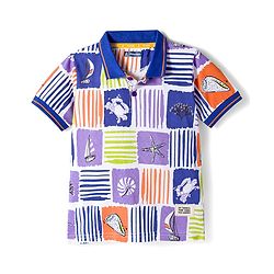 Pine Kids Cotton Knit Half Sleeves Polo T-Shirt With Sea Life Print - White & Blue