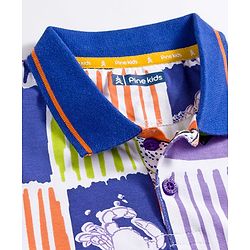 Pine Kids Cotton Knit Half Sleeves Polo T-Shirt With Sea Life Print - White & Blue