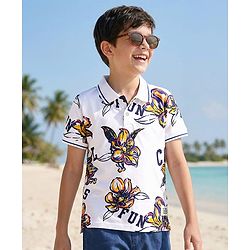 Pine Kids Cotton Knit Half Sleeves Polo T-Shirt with Floral Print - White
