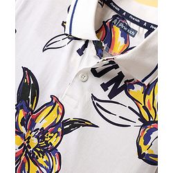 Pine Kids Cotton Knit Half Sleeves Polo T-Shirt with Floral Print - White