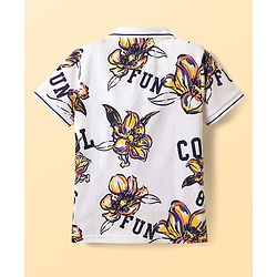 Pine Kids Cotton Knit Half Sleeves Polo T-Shirt with Floral Print - White