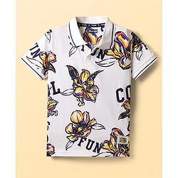 Pine Kids Cotton Knit Half Sleeves Polo T-Shirt with Floral Print - White