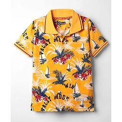 Pine Kids Cotton Knit Half Sleeves Polo T-Shirt With Beach Print - Yellow