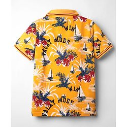 Pine Kids Cotton Knit Half Sleeves Polo T-Shirt With Beach Print - Yellow