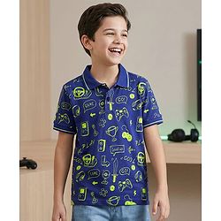 Pine Kids Cotton Knit Half Sleeves Printed Polo T-Shirt - Navy Blue