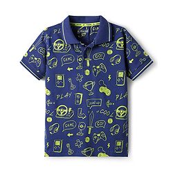 Pine Kids Cotton Knit Half Sleeves Printed Polo T-Shirt - Navy Blue
