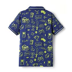 Pine Kids Cotton Knit Half Sleeves Printed Polo T-Shirt - Navy Blue
