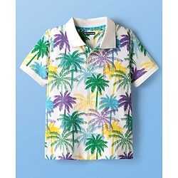 Pine Kids Cotton Knit Half Sleeves Polo T-Shirt with Coconut Tree Print - White