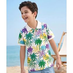 Pine Kids Cotton Knit Half Sleeves Polo T-Shirt with Coconut Tree Print - White