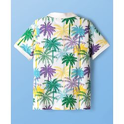 Pine Kids Cotton Knit Half Sleeves Polo T-Shirt with Coconut Tree Print - White