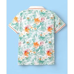 Pine Kids Cotton Knit Half Sleeves Polo T-Shirt With Tropical Print - White