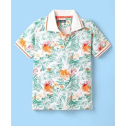 Pine Kids Cotton Knit Half Sleeves Polo T-Shirt With Tropical Print - White