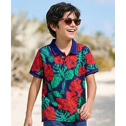 Pine Kids Cotton Knit Half Sleeves Polo T-Shirt with Floral  Print - Navy Blue
